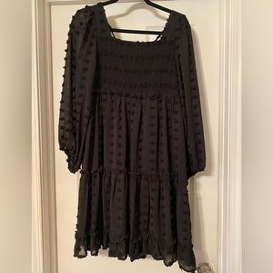 White Birch Textured Swiss Dots Smocked Dress - Black